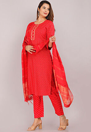 Foil Printed Viscose Rayon Pakistani Suit in Red