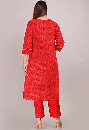 Foil Printed Viscose Rayon Pakistani Suit in Red