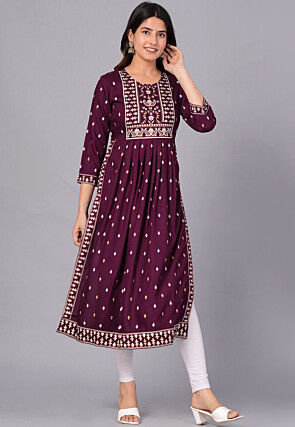 Foil Printed Viscose Rayon Straight Kurta in Wine