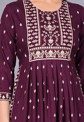 Foil Printed Viscose Rayon Straight Kurta in Wine