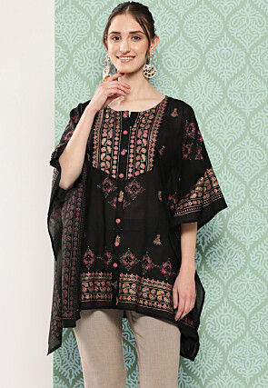 Foil Printed Voile Cotton Kaftan in Black
