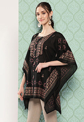 Foil Printed Voile Cotton Kaftan in Black