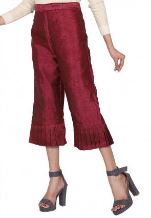 Frilled Hemline Dupion Silk Culottes in Wine