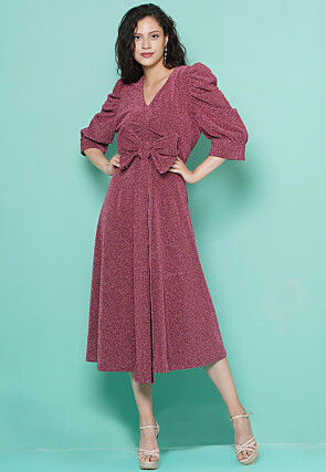 Front Bow Polyester Shimmer A Line Dress in Magenta