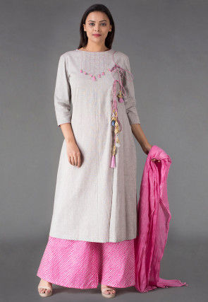 Front Slit Linen Cotton Pakistani Suit in Light Grey