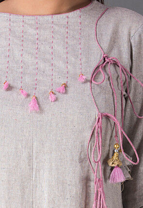 Front Slit Linen Cotton Pakistani Suit in Light Grey