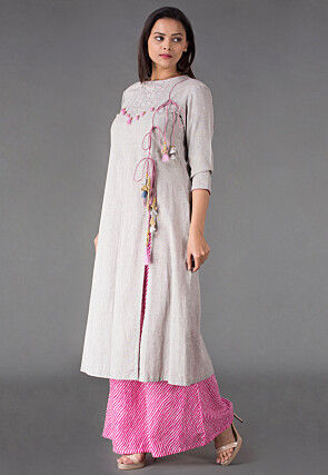 Front Slit Linen Cotton Pakistani Suit in Light Grey
