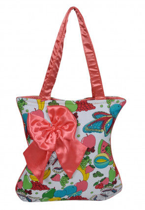 Fruit Printed Poly Cotton Hand Bag in White and Multicolor