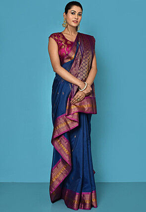 Gadwal Handloom Saree in Navy Blue