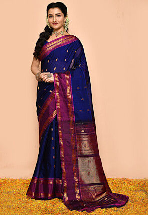 Gadwal Pure Silk Cotton Handloom Saree in Navy Blue