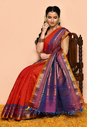 Gadwal Pure Silk Cotton Handloom Saree in Orange