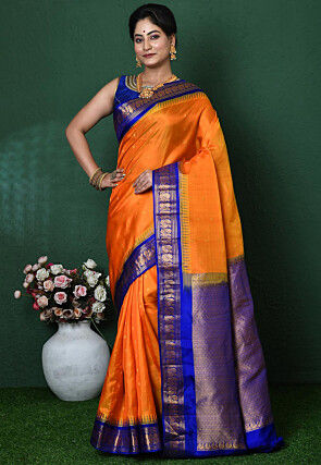 Vishal Prints Dark Orange Georgette Saree With Foil Print And Zari Bor