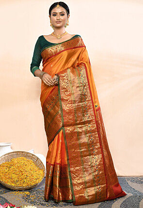 Gadwal Pure Silk Handloom Saree in Orange