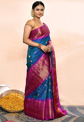 Gadwal Pure Silk Handloom Saree in Teal Blue