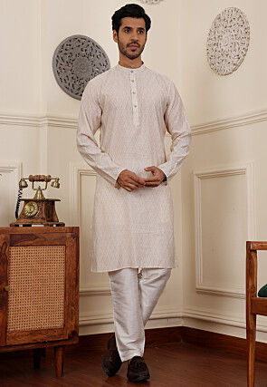 Geometric Modal Silk Kurta Set in Off White