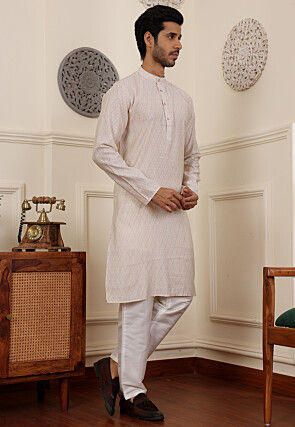 Geometric Modal Silk Kurta Set in Off White