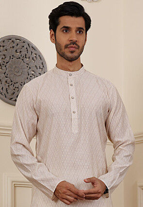 Geometric Modal Silk Kurta Set in Off White