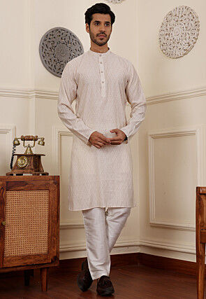 Geometric Modal Silk Kurta Set in Off White