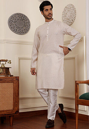 Geometric Modal Silk Kurta Set in Off White