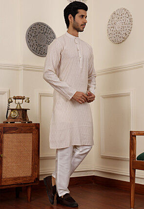 Geometric Modal Silk Kurta Set in Off White