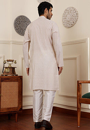 Geometric Modal Silk Kurta Set in Off White