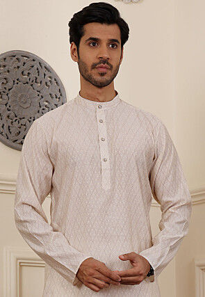 Geometric Modal Silk Kurta Set in Off White