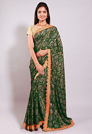Ghatchola Bandhej Printed Crepe Saree in Dark Olive Green
