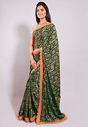 Ghatchola Bandhej Printed Crepe Saree in Dark Olive Green