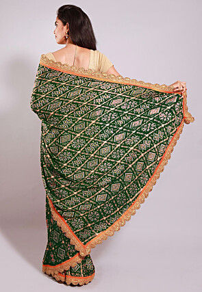 Ghatchola Bandhej Printed Crepe Saree in Dark Olive Green
