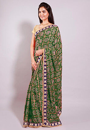 Ghatchola Bandhej Printed Crepe Saree in Dark Olive Green