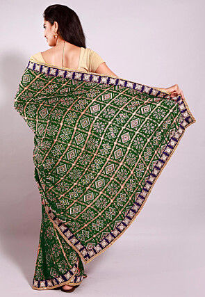 Ghatchola Bandhej Printed Crepe Saree in Dark Olive Green