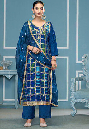 Ghatchola Cotton Silk Pakistani Suit in Teal Blue