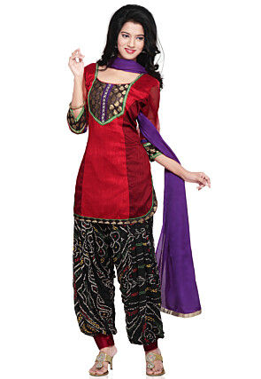 Ghicha Silk punjabi Suit in Red and Maroon