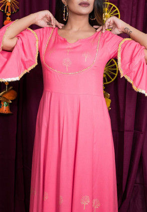 Golden Block Printed Rayon Gown in Pink