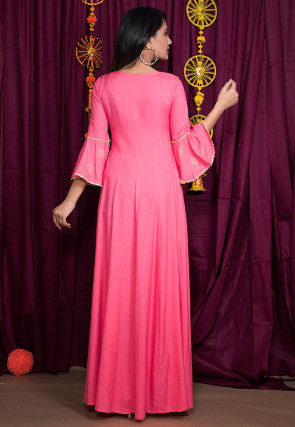 Golden Block Printed Rayon Gown in Pink