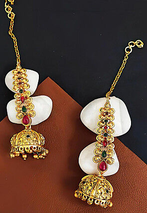 Golden Polished Kemp Stone Studded Jhumka Style Earrings with Ear Chain