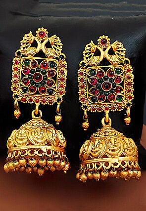 Golden Polished Kemp Stone Studded Jhumka Style Temple Earrings