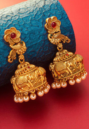 Golden Polished Kemp Stone Studded Peacock Style Jhumka Earrings