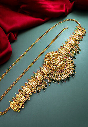 Golden Polished Kemp Stone Studded Temple Waist Belt