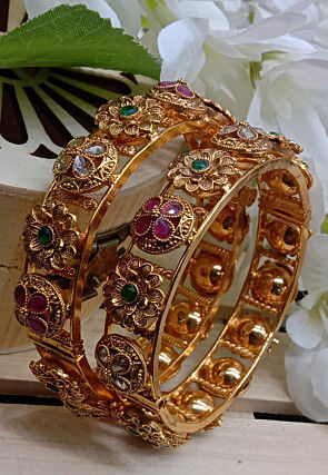 Golden Polished Stone Studded Openable Bangle Pair