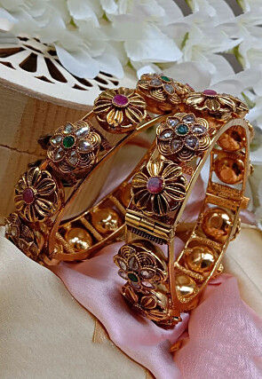 Golden Polished Stone Studded Openable Bangle Pair