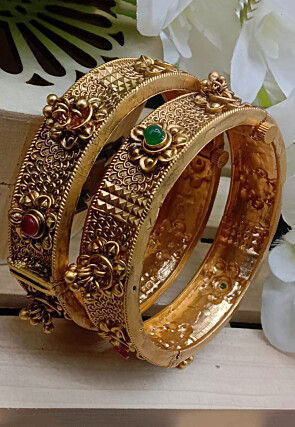 Golden Polished Stone Studded Openable Bangle Pair