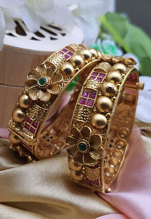Golden Polished Stone Studded Openable Bangle Pair
