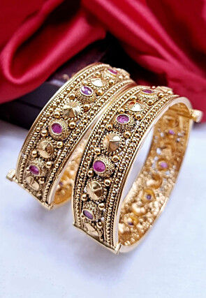 Golden Polished Stone Studded Openable Bangle Pair