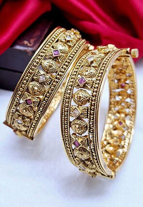 Golden Polished Stone Studded Openable Bangle Pair