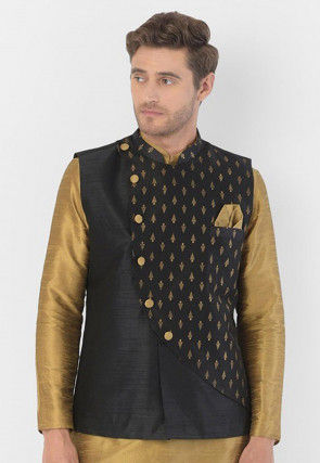 Golden Printed Art Dupion Silk Jacket in Black