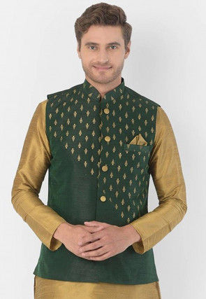 Golden Printed Art Dupion Silk Jacket in Dark Green