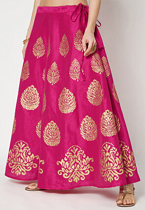 Golden Printed Art Dupion Silk Skirt in Fuchsia