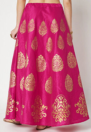 Golden Printed Art Dupion Silk Skirt in Fuchsia