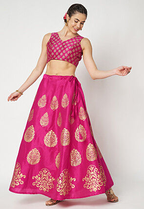 Golden Printed Art Dupion Silk Skirt in Fuchsia
